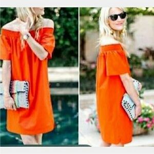 J Crew off Shoulder Poplin Midi Dress Orange Sz 10 vacation spring game day EUC